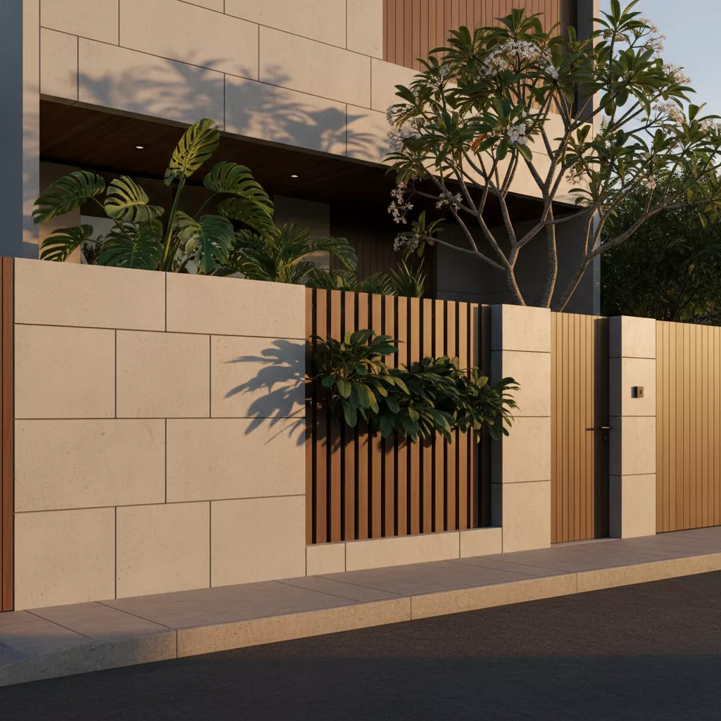 Model tembok pagar depan rumah dari beton ekspos minimalis modern dengan aksen kayu dan tanaman tropis-jasa interior splusa.id