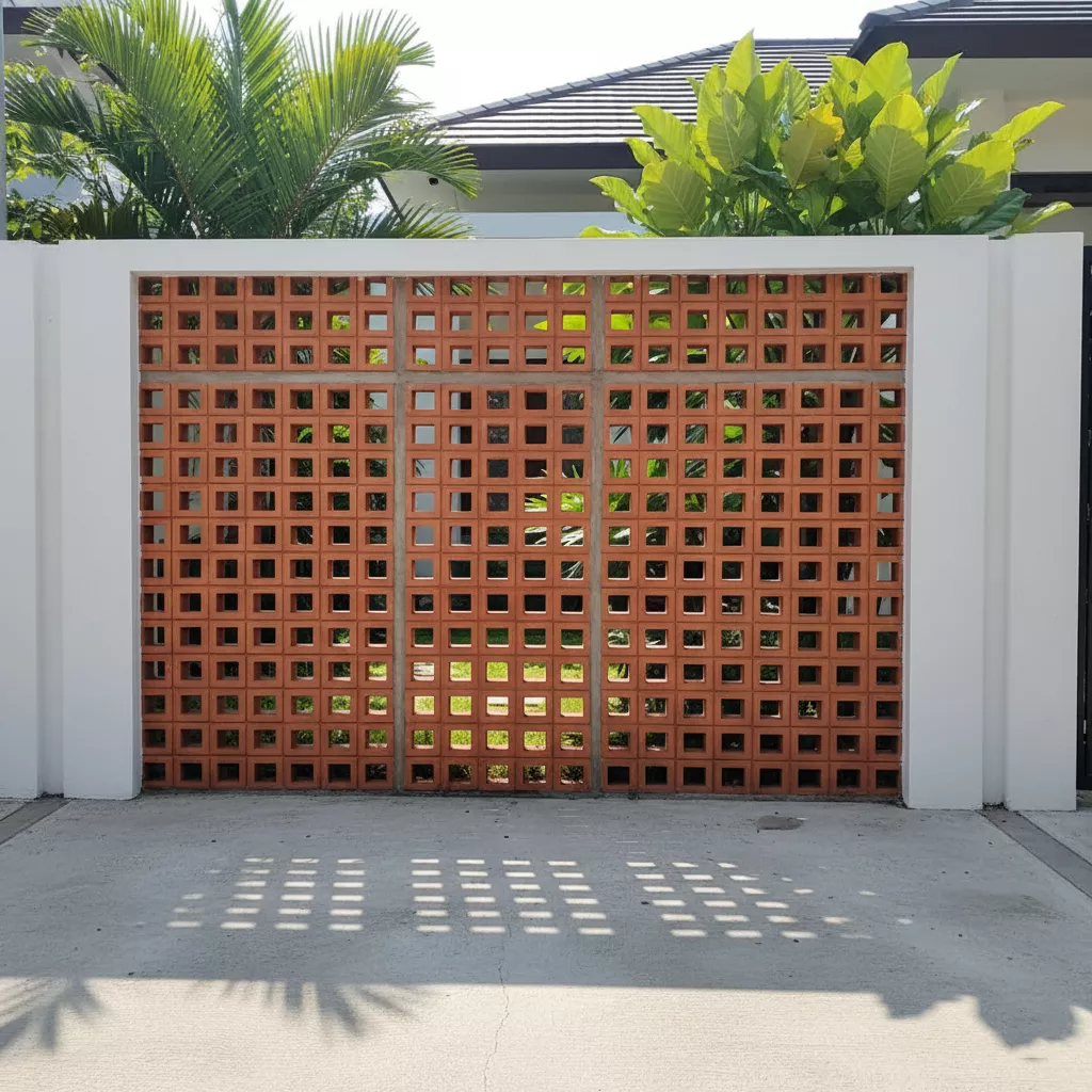 Model tembok pagar depan rumah dengan kombinasi roster atau bata angin tanah liat untuk sirkulasi udara-jasa interior splusa.id