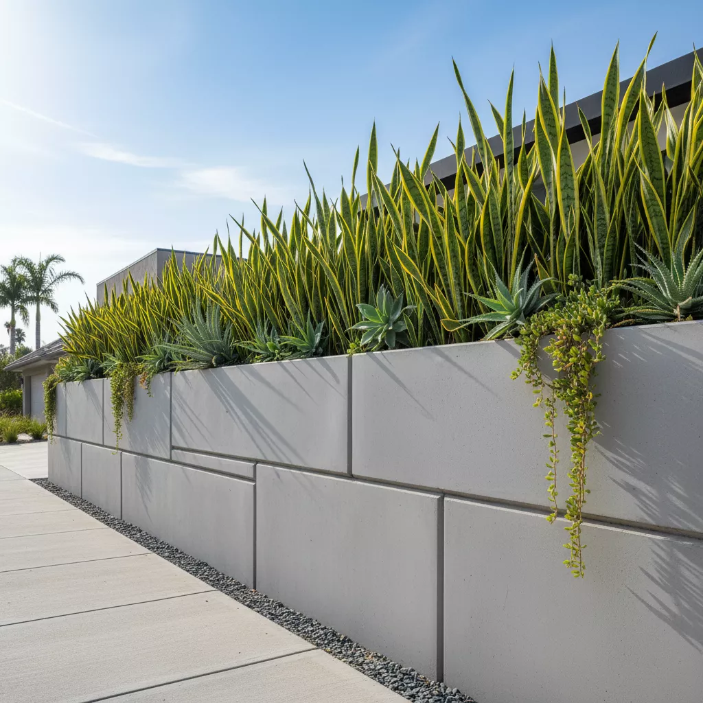Model tembok pagar depan rumah modern dengan pot tanaman atau planter box built-in yang fungsional-jasa interior splusa.id