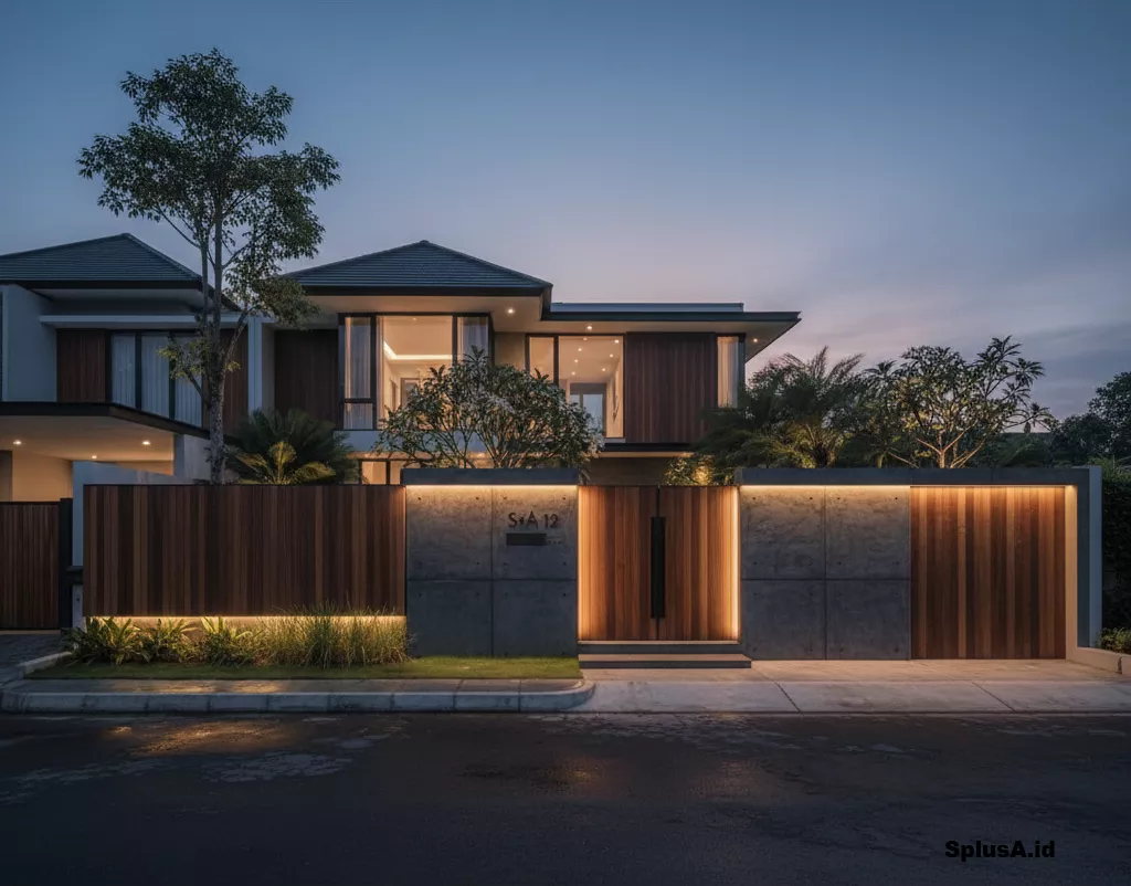 Model tembok pagar depan rumah modern mewah kombinasi beton tekstur dan kayu dengan pencahayaan LED karya SplusA.id