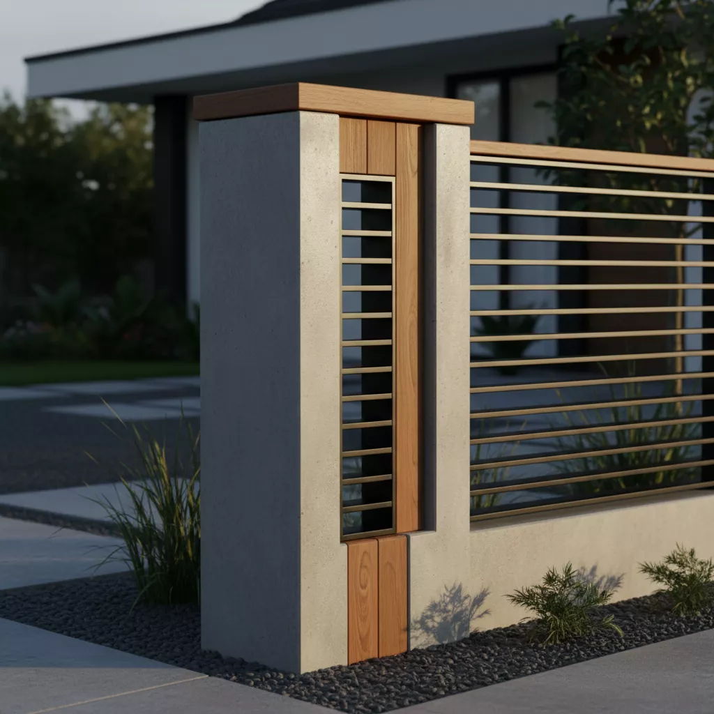 Model tiang pagar minimalis dari beton dengan kombinasi besi hollow hitam dan aksen kayu-jasa interior splusa.id Model tiang pagar minimalis dari beton dengan kombinasi besi hollow hitam dan aksen kayu-jasa interior splusa.id