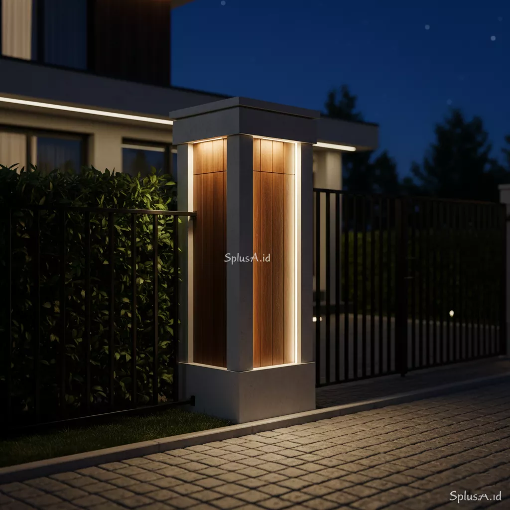 Model tiang pagar minimalis modern karya SplusA.id dengan kombinasi beton, kayu, dan lampu LED yang mewah di malam hari-jasa interior splusa.id Model tiang pagar minimalis modern karya SplusA.id dengan kombinasi beton, kayu, dan lampu LED yang mewah di malam hari-jasa interior splusa.id