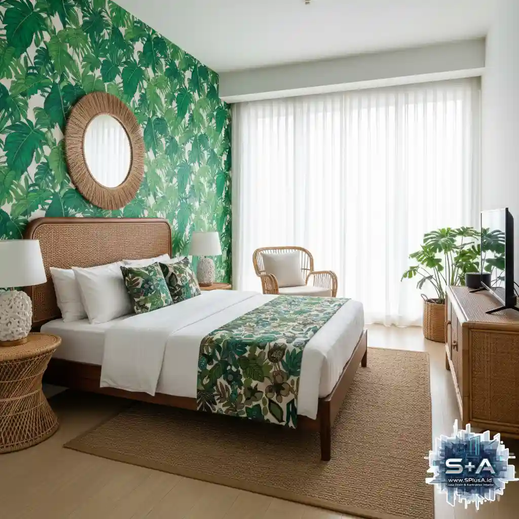 Modern Tropical-Tren tropis kontemporer dengan kombinasi hijau dan elemen alam. Misalnya, dinding aksen palet daun, furnitur rotan, batik modern-jasa desain kamar tidur splusa.id Modern Tropical-Tren tropis kontemporer dengan kombinasi hijau dan elemen alam. Misalnya, dinding aksen palet daun, furnitur rotan, batik modern-jasa desain kamar tidur splusa.id