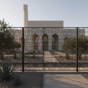 Pagar besi masjid minimalis modern dengan pola geometris Islami di entrance masjid-jasa interior desain splusa.id
