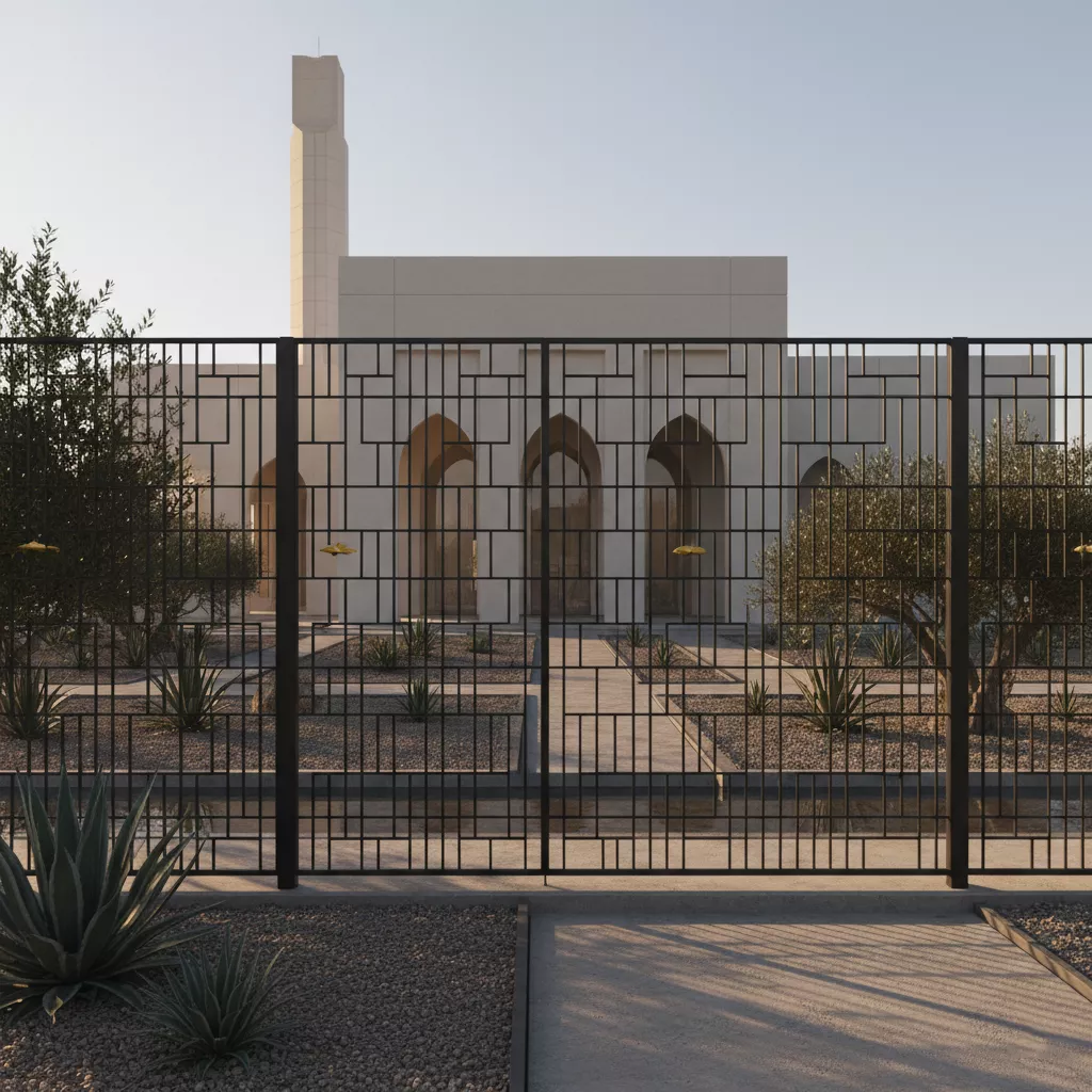 Pagar besi masjid minimalis modern dengan pola geometris Islami di entrance masjid-jasa interior desain splusa.id
