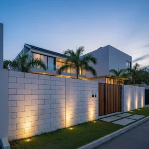 Pagar minimalis dari hebel modern yang elegan dengan pencahayaan lampu, karya jasa kontraktor interior profesional-jasa interior splusa.id