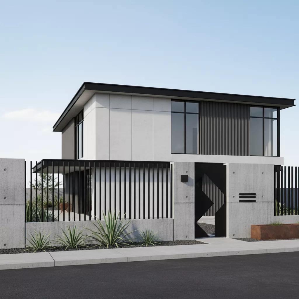 Pagar rumah minimalis modern 2025 gaya industrial dengan kombinasi besi hitam dan beton ekspos-jasa interior splusa.id