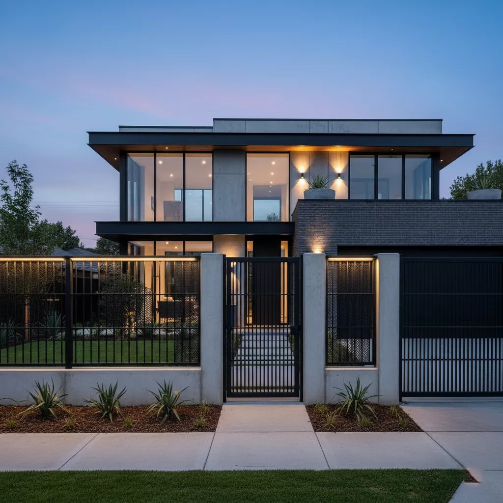 Pagar rumah minimalis modern 2025 gaya industrial dengan kombinasi besi hitam dan beton ekspos mewah-jasa interior splusa.id