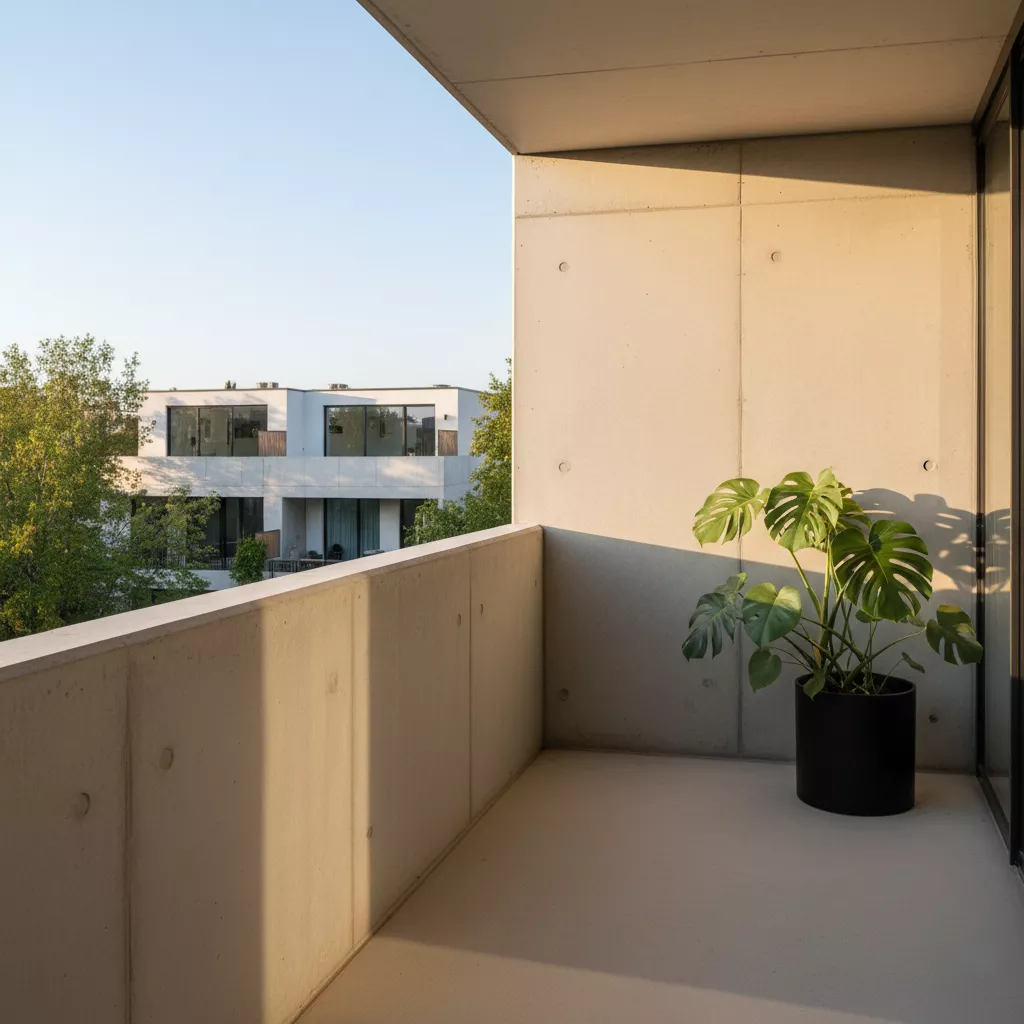 Pagar tembok balkon minimalis dari beton ekspos dengan gaya industrial modern yang kokoh dan elegan-jasa desain apartemen ‪‪splusa.id