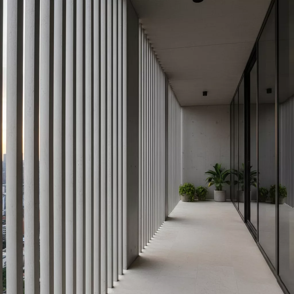 Pagar tembok balkon minimalis dengan detail garis vertikal untuk menciptakan ilusi ruang yang lebih tinggi dan megah-jasa desain apartemen ‪‪splusa.id