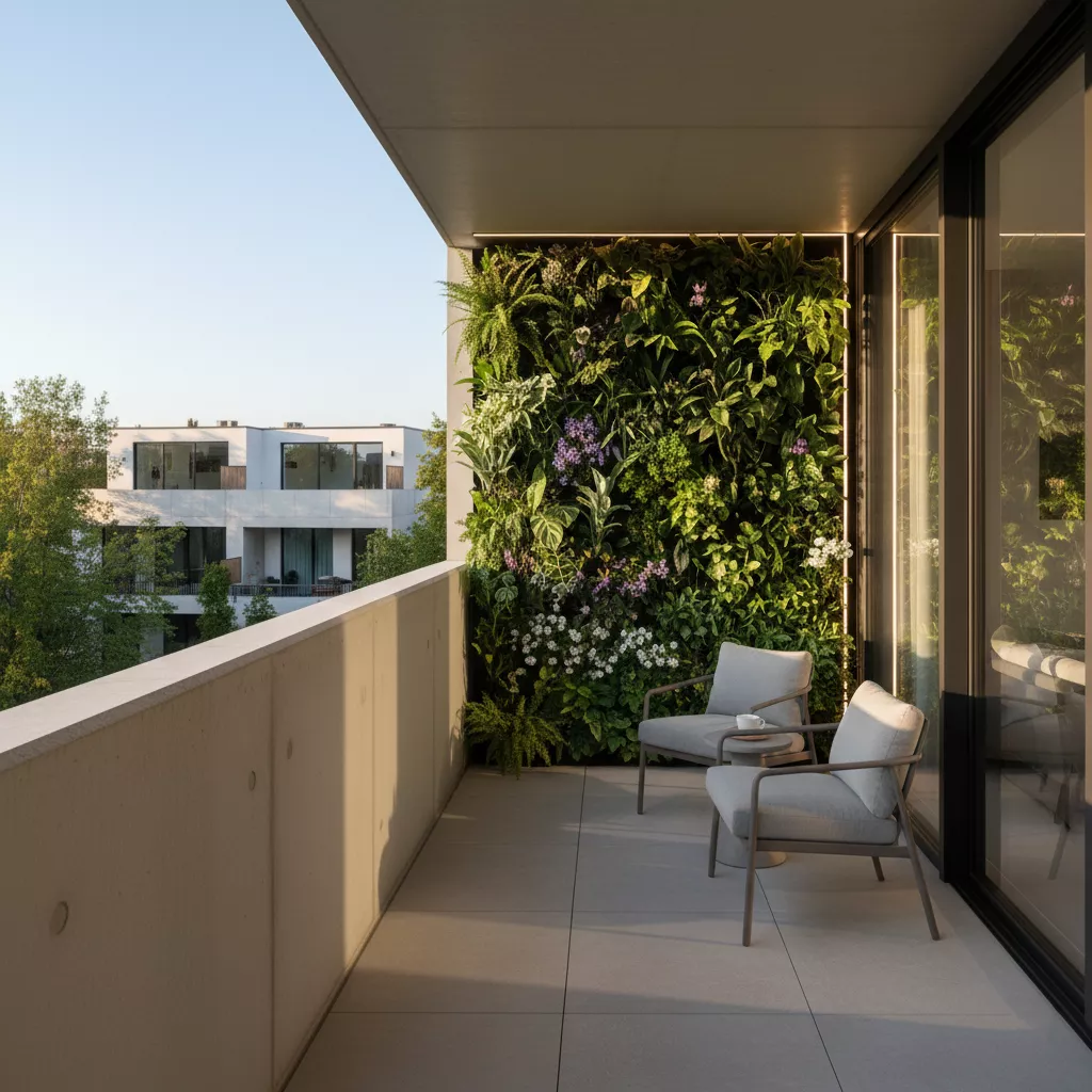 Pagar tembok balkon minimalis dengan konsep green wall atau taman vertikal yang asri dan menyegarkan-jasa desain apartemen ‪‪splusa.id