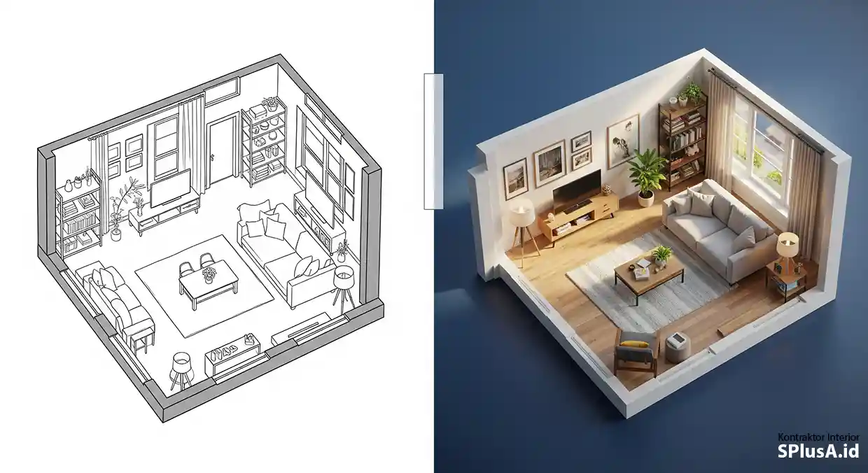 Perbandingan denah 2D dengan hasil render jasa desain rumah 3d yang realistis-splusa.id Perbandingan denah 2D dengan hasil render jasa desain rumah 3d yang realistis-splusa.id