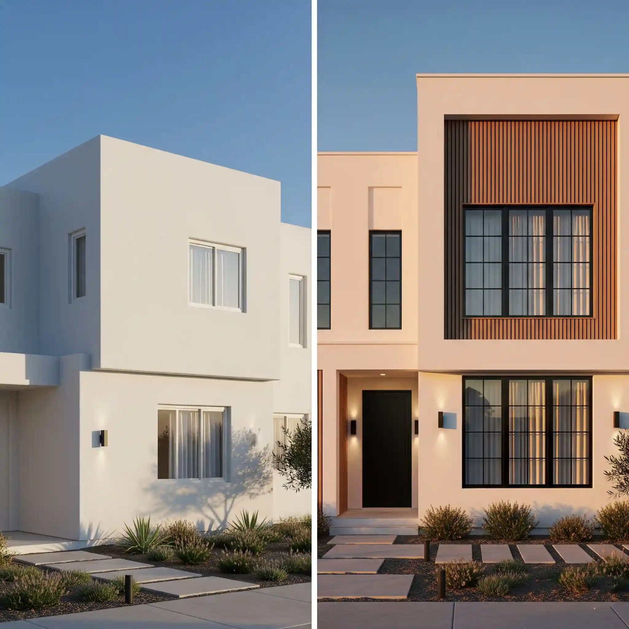 Perbandingan desain fasad rumah modern minimalis yang membosankan dan yang berkarakter-jasa interior splusa.id Perbandingan desain fasad rumah modern minimalis yang membosankan dan yang berkarakter-jasa interior splusa.id