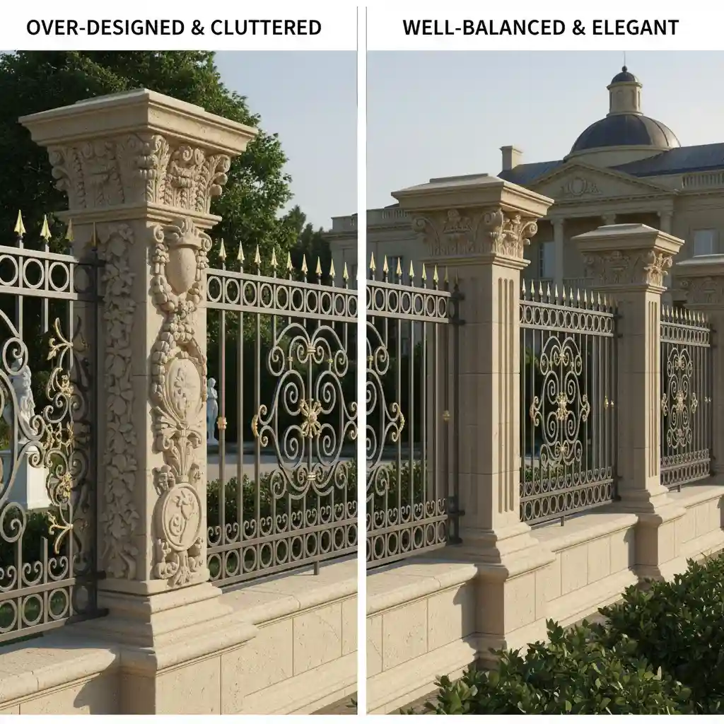 Perbandingan desain pagar tembok mewah yang over-designed vs balanced-jasa interior splusa.id