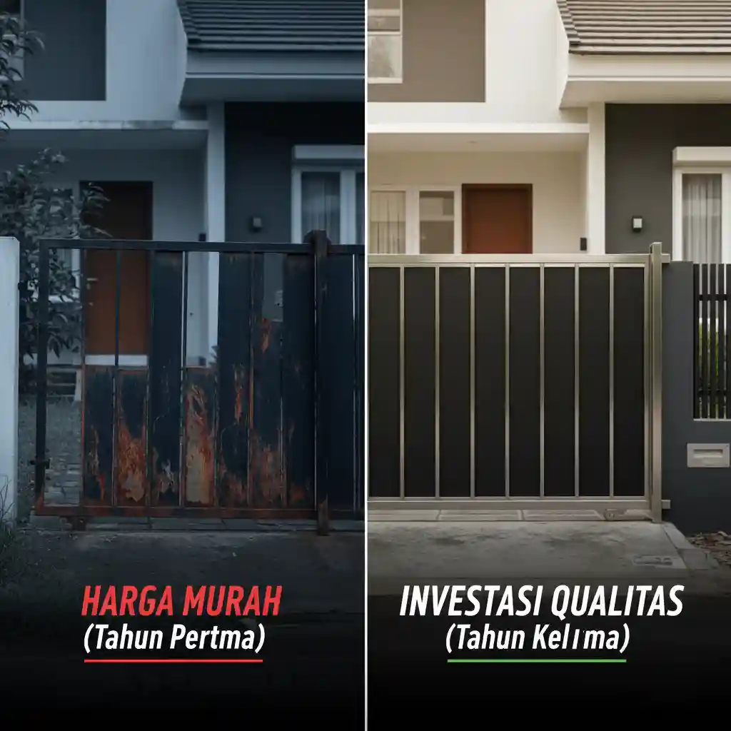 Perbandingan kontras antara pintu pagar dorong minimalis murah yang cepat rusak dengan pagar berkualitas-splusa.id