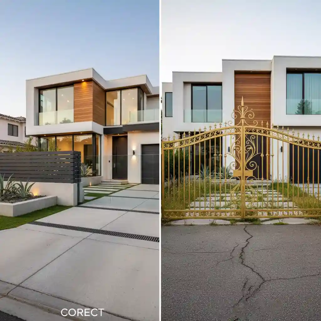 Perbandingan model pagar minimalis modern yang salah dan yang benar di depan rumah mewah-interior splusa.id