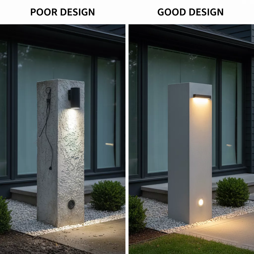 Perbandingan model tiang pagar minimalis yang salah dan yang benar dengan tekstur dan lampu-jasa interior splusa.id Perbandingan model tiang pagar minimalis yang salah dan yang benar dengan tekstur dan lampu-jasa interior splusa.id