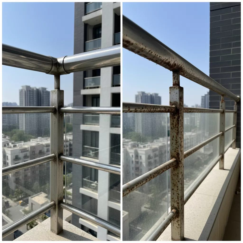 Perbandingan pagar balkon stainless minimalis terbaru grade 304 yang kinclong dengan grade 201 yang berkarat-jasa interior splusa.id