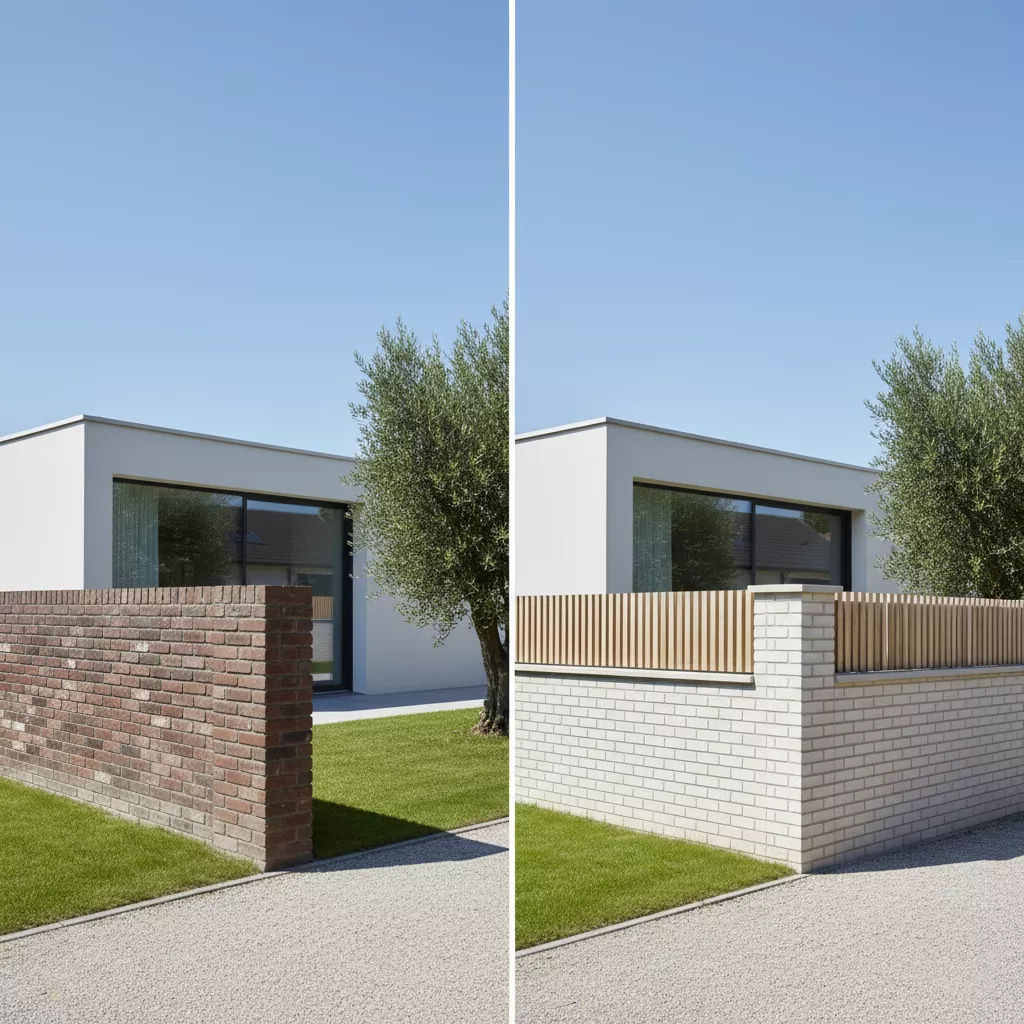 Perbandingan pagar batu bata sederhana dengan proporsi yang salah (terlalu tebal) dan proporsi yang ideal untuk rumah minimalis-jasa interior splusa.id