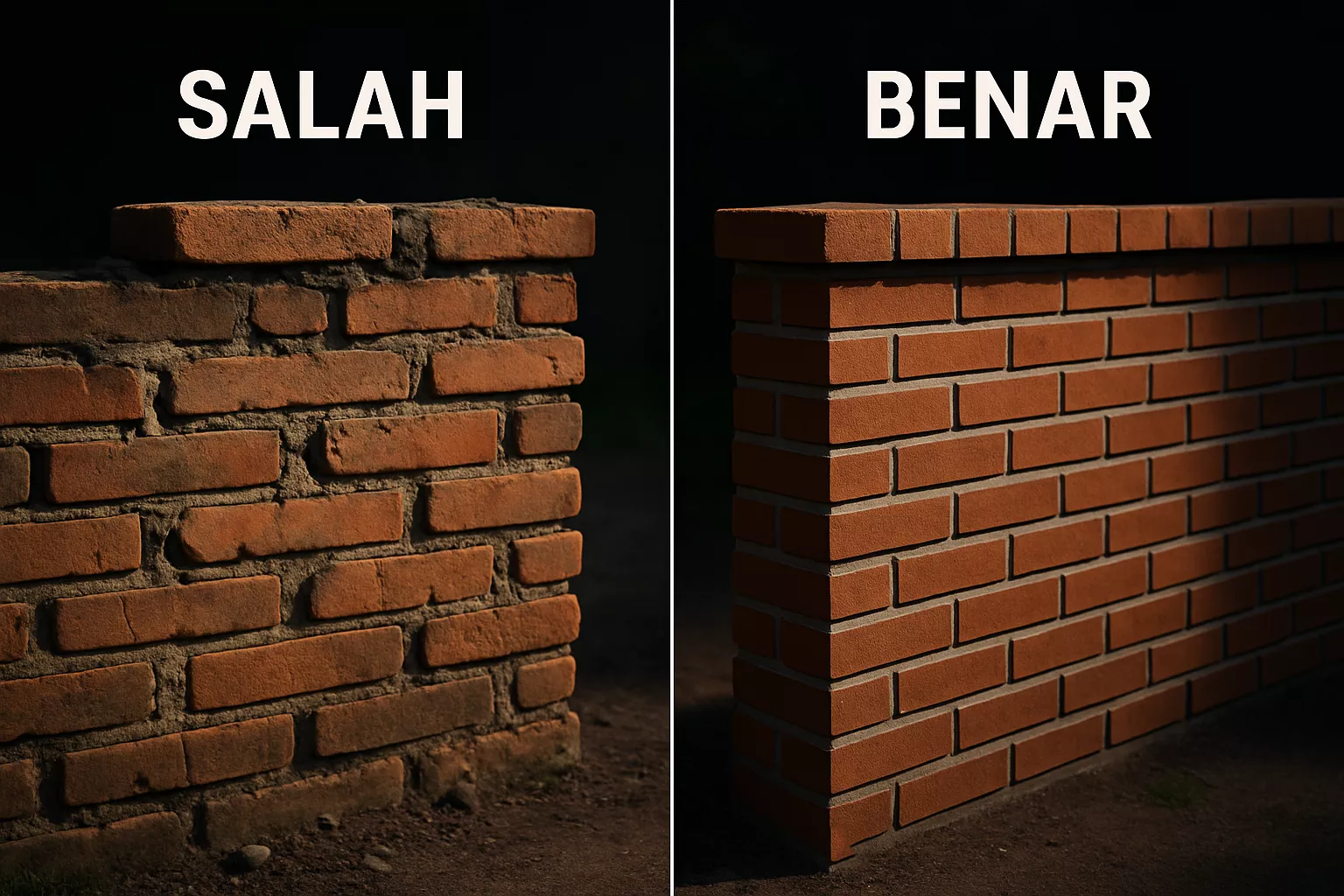 Perbandingan pagar batu bata sederhana yang salah dan benar dalam desain rancang bangun