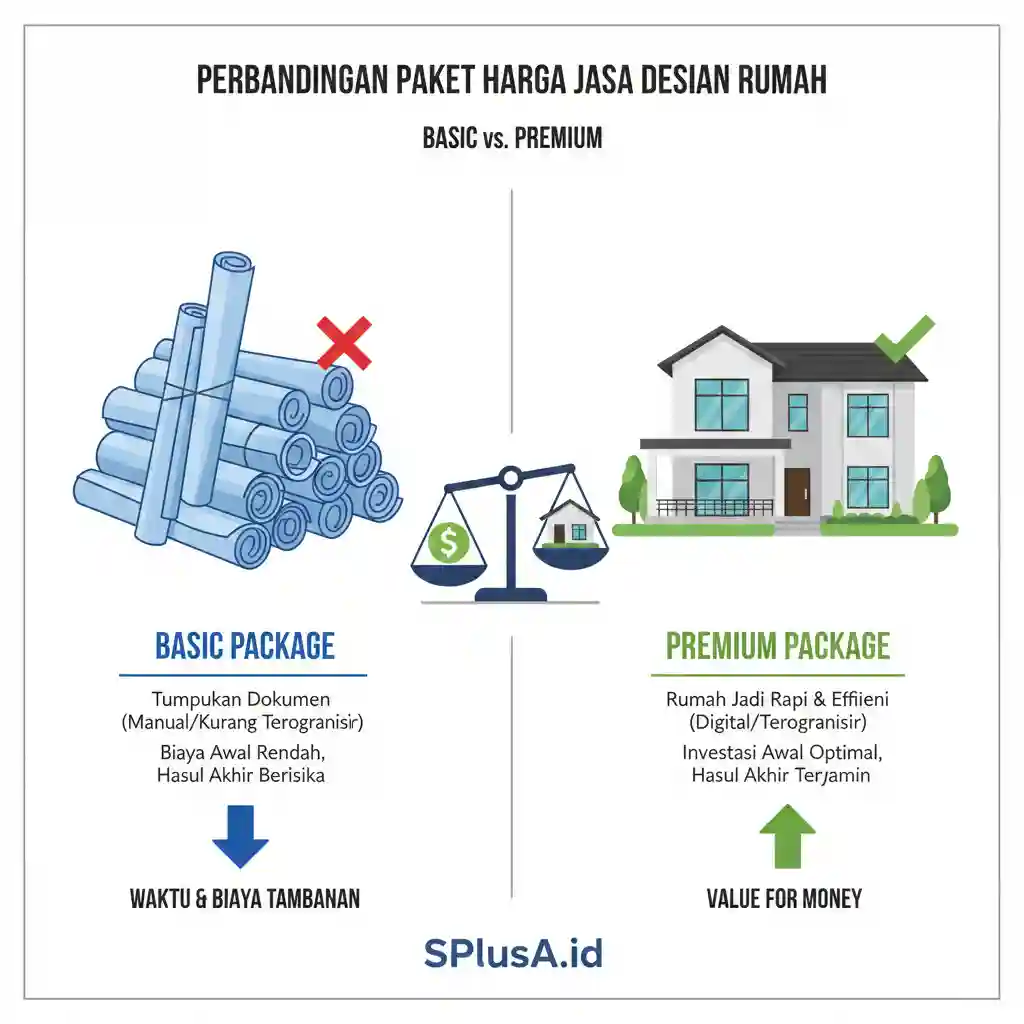 Perbandingan paket harga jasa desain rumah basic vs premium SPlusA.id