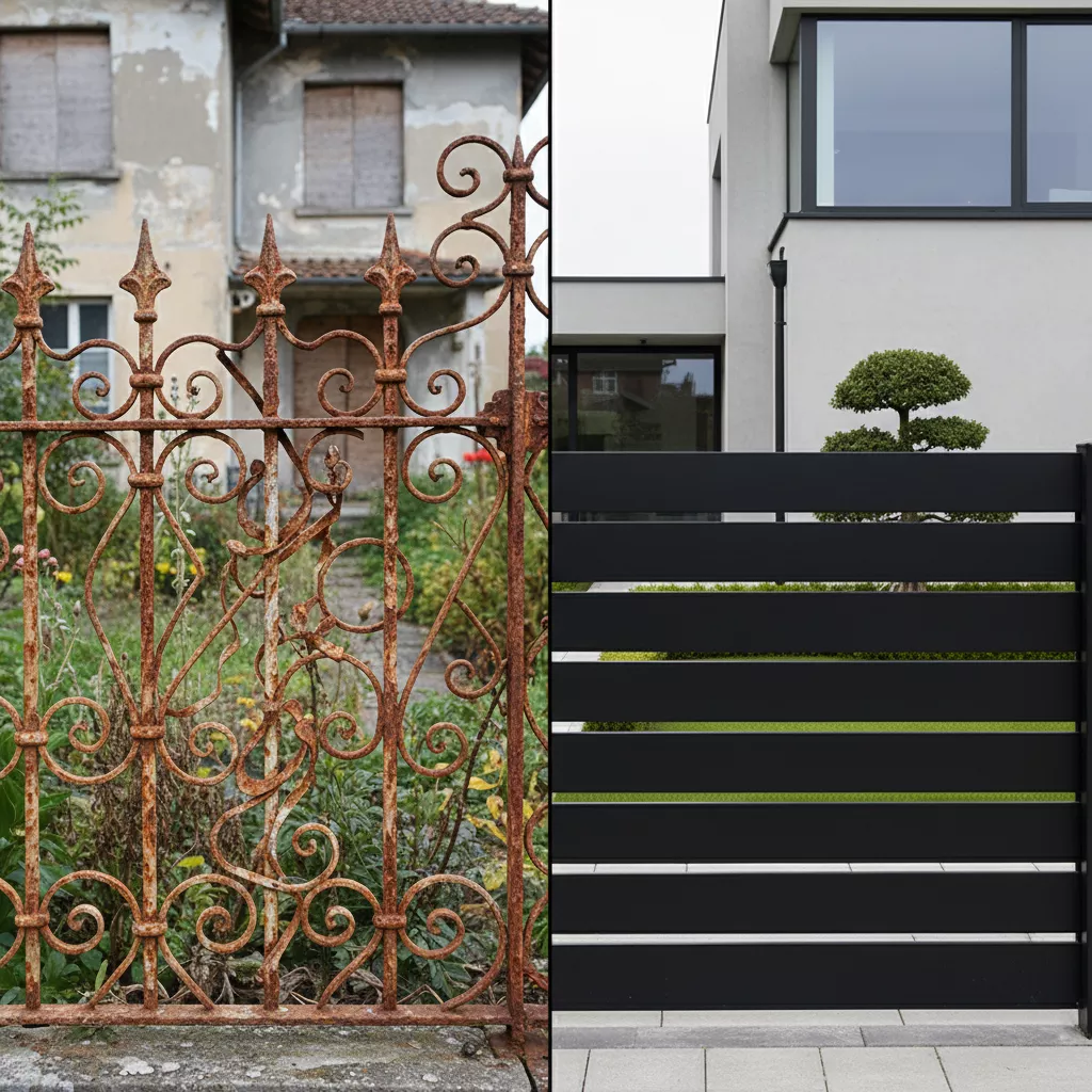 Perbandingan pintu pagar rumah minimalis modern yang elegan dengan pagar lama yang usang-konsultan interior splusa.id