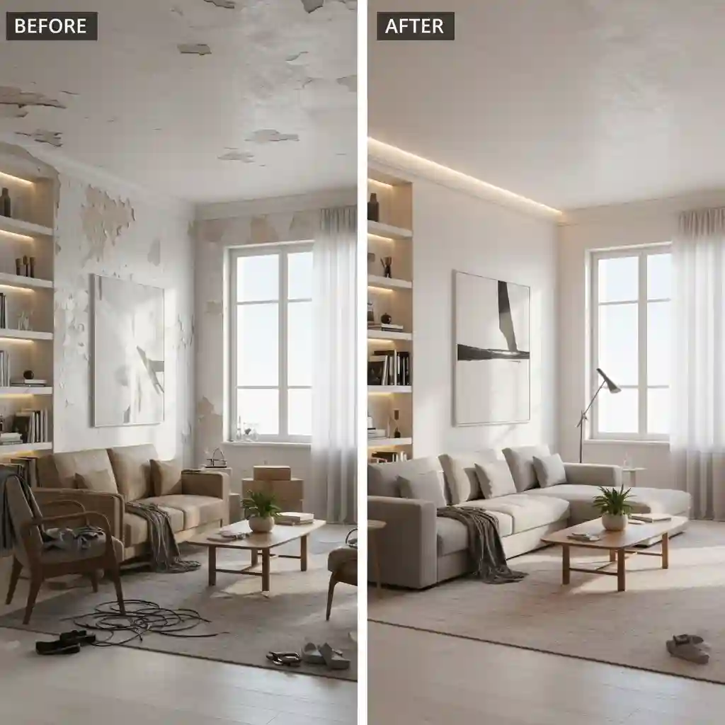 Perbandingan ruangan sebelum dan sesudah menggunakan jasa desain interior profesional harga transparan-kontraktor dan jasa interior splusa.id Perbandingan ruangan sebelum dan sesudah menggunakan jasa desain interior profesional harga transparan-kontraktor dan jasa interior splusa.id