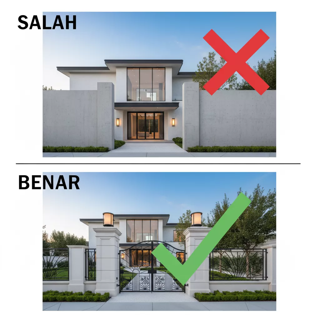 Perbandingan visual proporsi pagar rumah yang salah dan benar, menunjukkan pentingnya tinggi dan desain pagar yang ideal dan serasi dengan bangunan-model pagar besi beton-jasa interior splusa.id Perbandingan visual proporsi pagar rumah yang salah dan benar, menunjukkan pentingnya tinggi dan desain pagar yang ideal dan serasi dengan bangunan-model pagar besi beton-jasa interior splusa.id