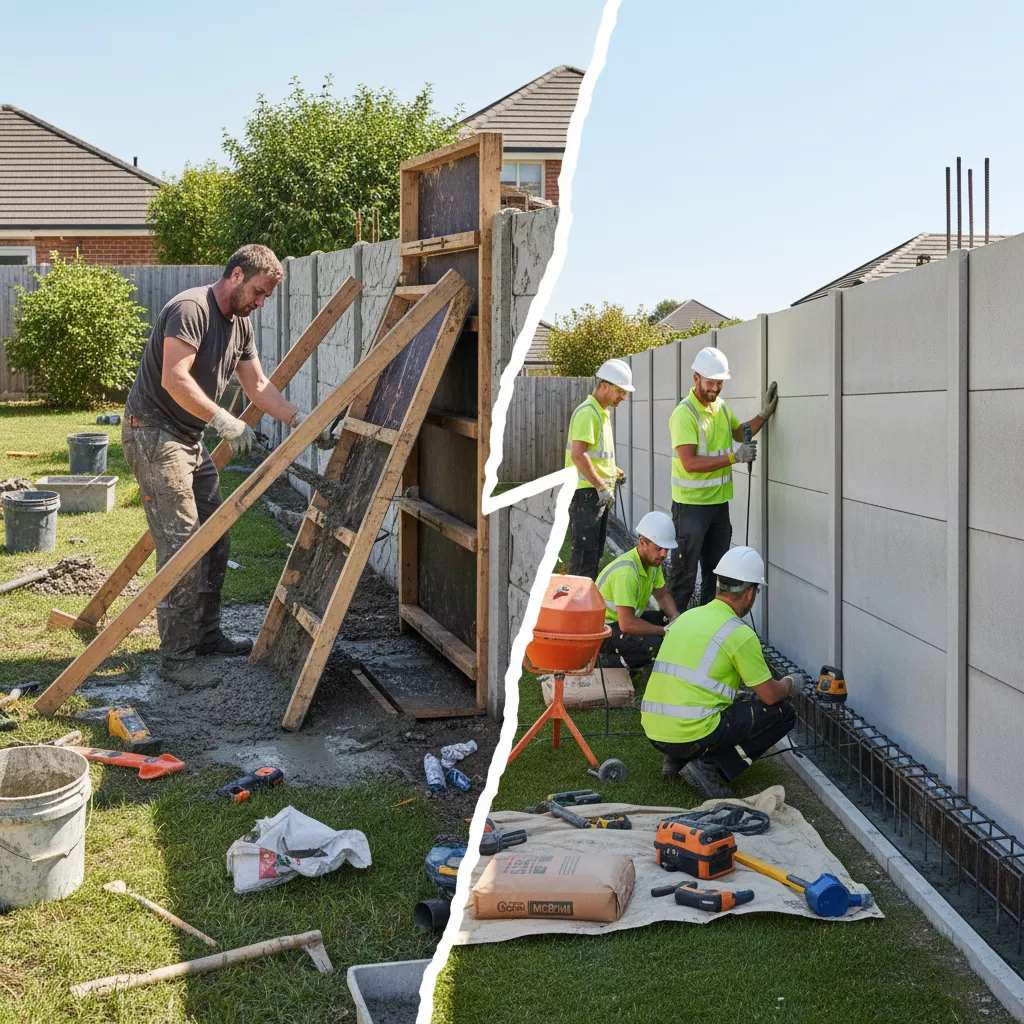 Perbandingan visual risiko pengerjaan pagar beton minimalis modern secara DIY yang berantakan versus hasil kerja tim profesional yang presisi dan terjamin kualitasnya-jasa interior splusa.id Perbandingan visual risiko pengerjaan pagar beton minimalis modern secara DIY yang berantakan versus hasil kerja tim profesional yang presisi dan terjamin kualitasnya-jasa interior splusa.id