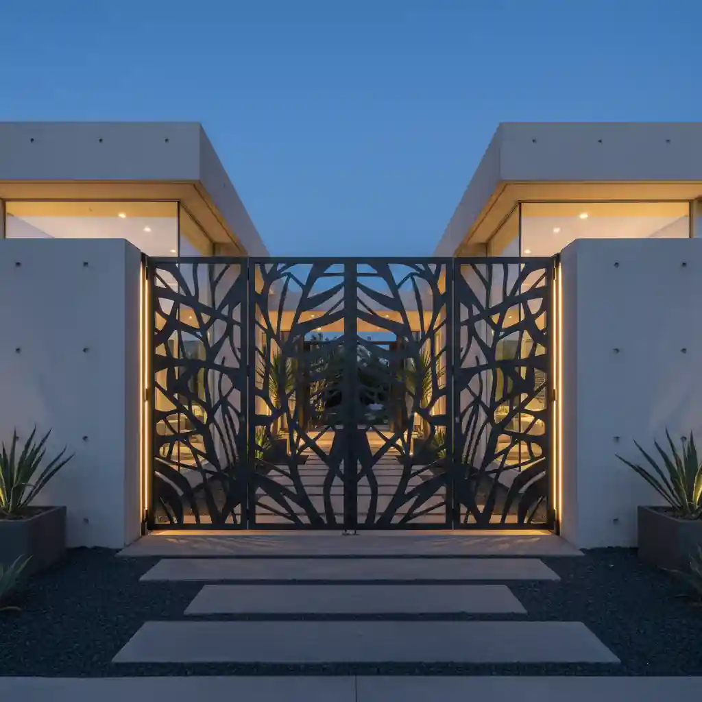Pintu Pagar Besi Lipat Minimalis dengan Pola Laser Cut Abstrak dari sebuah fasad rumah minimalis mewah