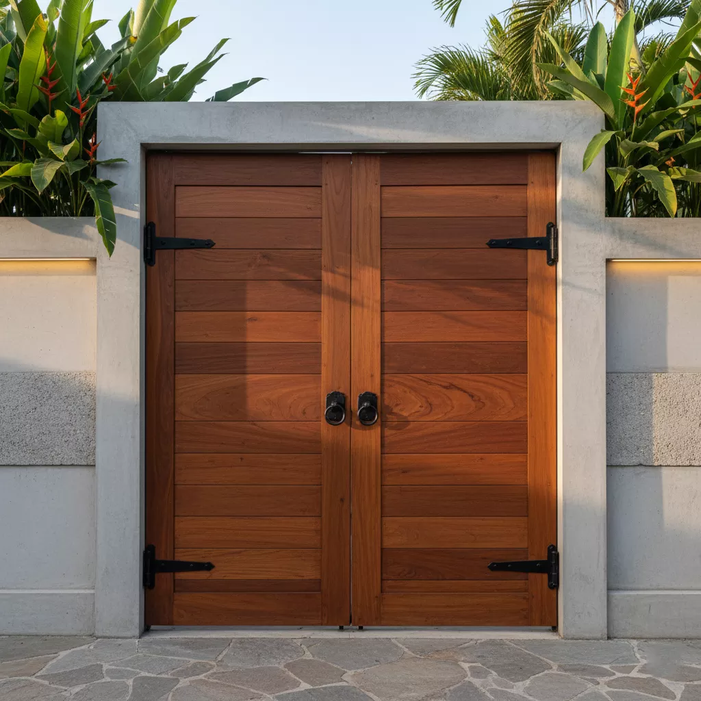 Pintu gerbang mewah dari kayu solid Ulin dengan finishing natural yang hangat-jasa desain apartemen splusa.id