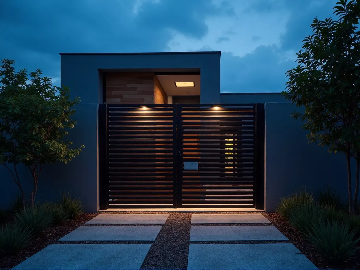 Pintu gerbang minimalis mewah modern sebagai focal point utama fasad rumah saat senja-jasa Interior minimalis splusa.id