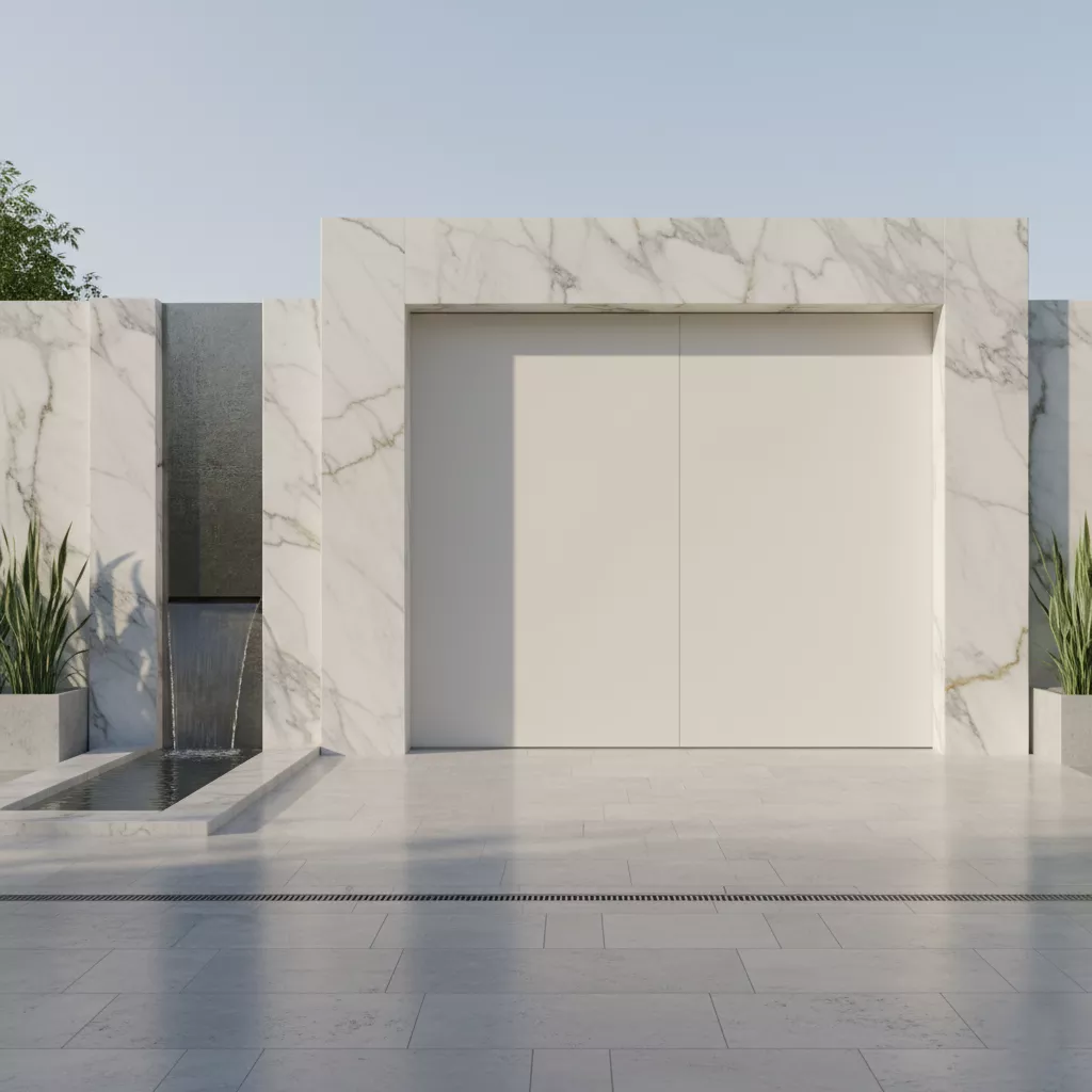 Pintu gerbang putar (pivot gate) minimalis mewah dengan permukaan rata tanpa handle menonjol, terbuat dari solid surface berwarna putih gading-jasa interior jakarta splusa.id