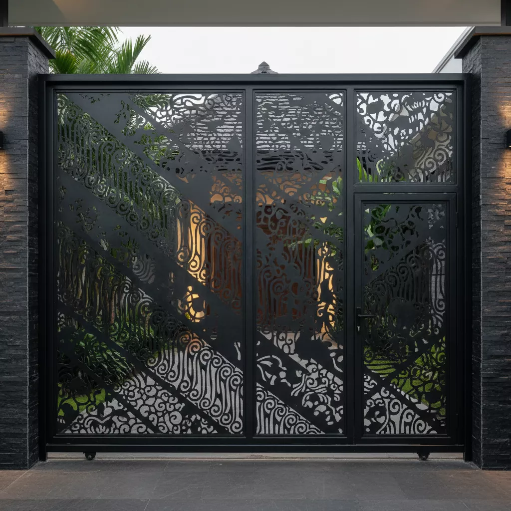 Pintu gerbang rumah mewah baja dengan motif ukiran etnik modern hasil laser cutting-jasa interior splusa.id Pintu gerbang rumah mewah baja dengan motif ukiran etnik modern hasil laser cutting-jasa interior splusa.id