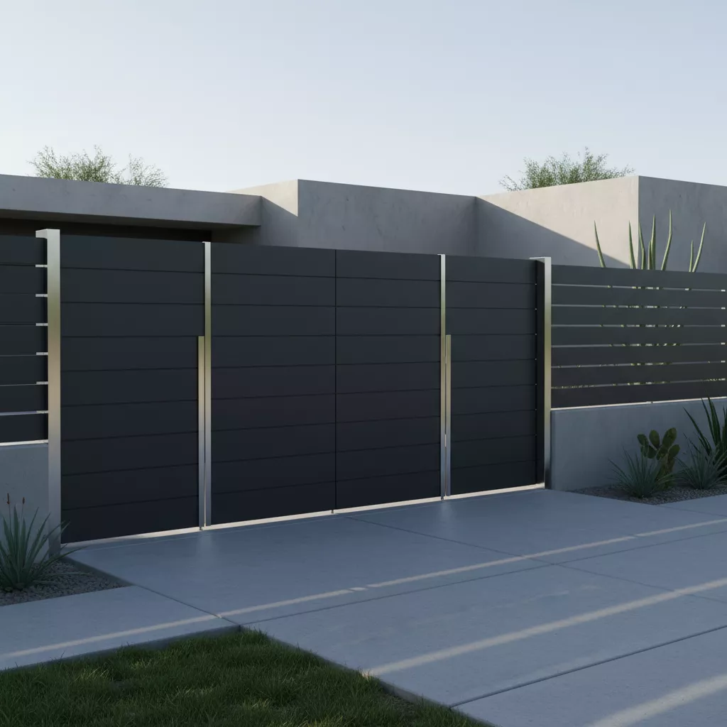 Pintu gerbang rumah mewah bergaya minimalis modern dengan panel solid abu-abu gelap dan aksen stainless steel vertikal yang elegan-jasa interior splusa.id