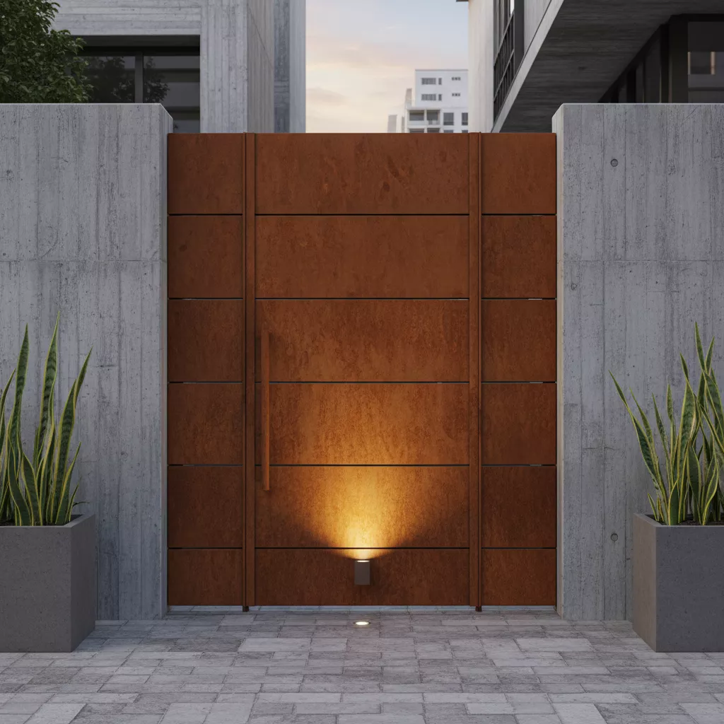 Pintu gerbang rumah mewah gaya industrial modern dari Corten Steel dengan tekstur karat alami-jasa interior splusa.id Pintu gerbang rumah mewah gaya industrial modern dari Corten Steel dengan tekstur karat alami-jasa interior splusa.id