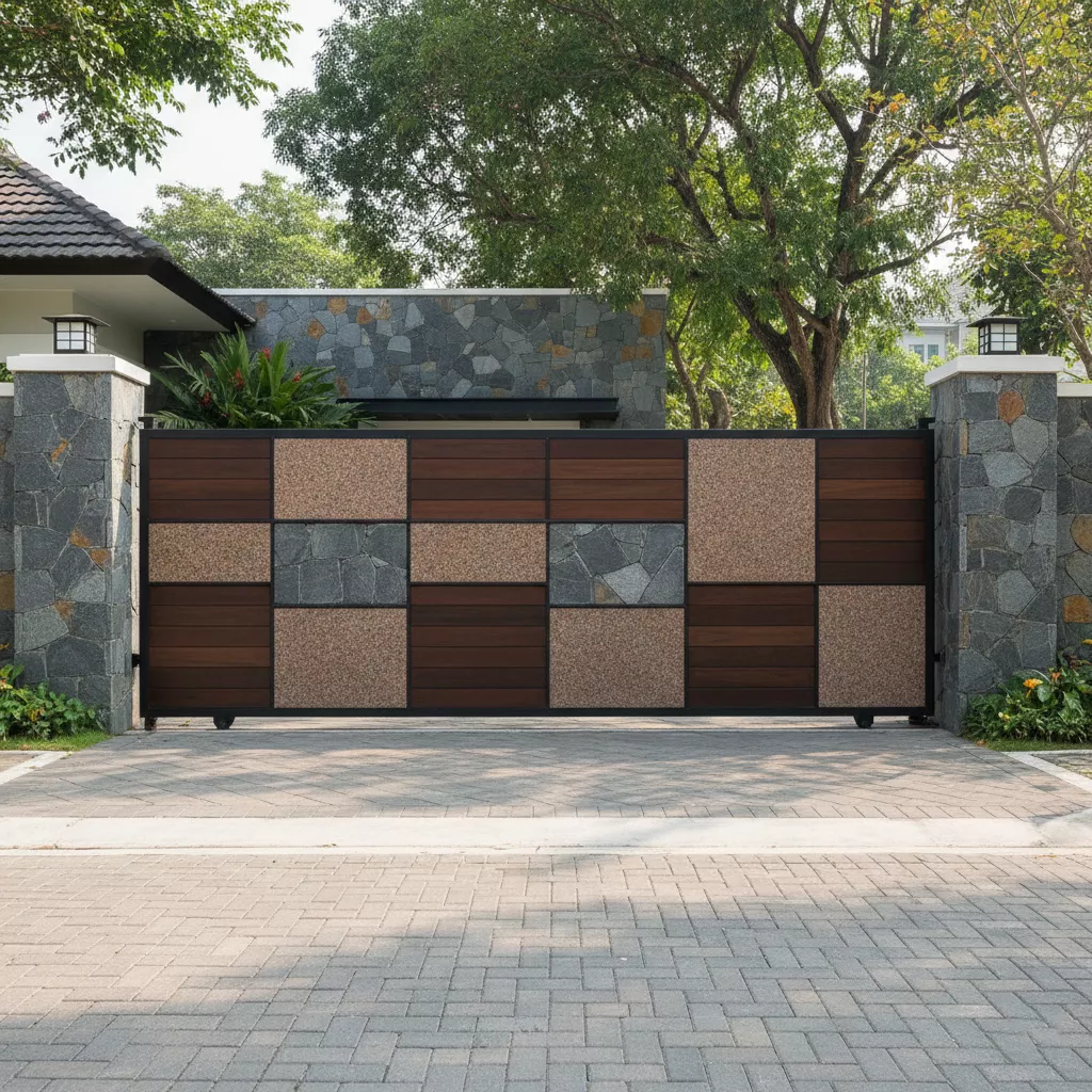 Pintu gerbang rumah mewah geser lebar dengan kombinasi panel batu alam dan baja-jasa interior splusa.id Pintu gerbang rumah mewah geser lebar dengan kombinasi panel batu alam dan baja-jasa interior splusa.id