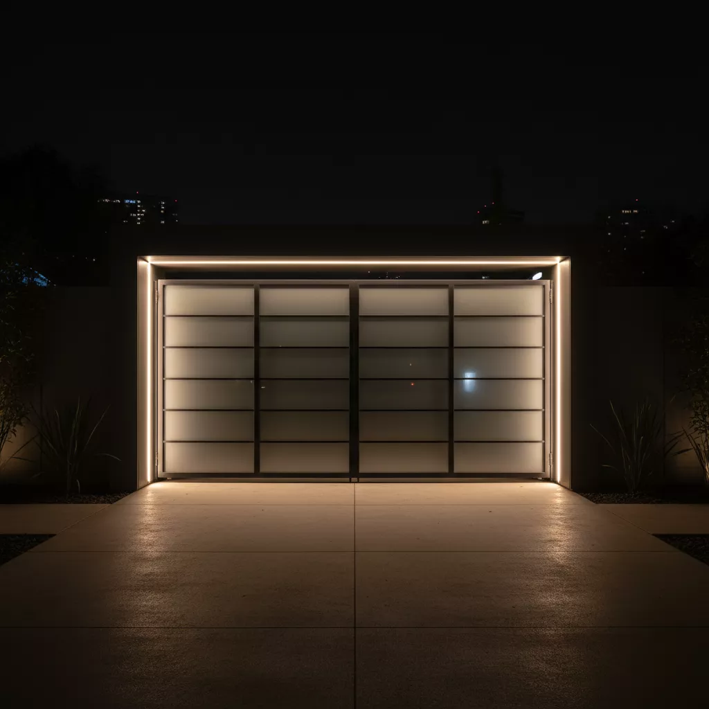 Pintu gerbang rumah mewah minimalis di malam hari dengan pencahayaan LED tersembunyi yang elegan-jasa interior splusa.id Pintu gerbang rumah mewah minimalis di malam hari dengan pencahayaan LED tersembunyi yang elegan-jasa interior splusa.id