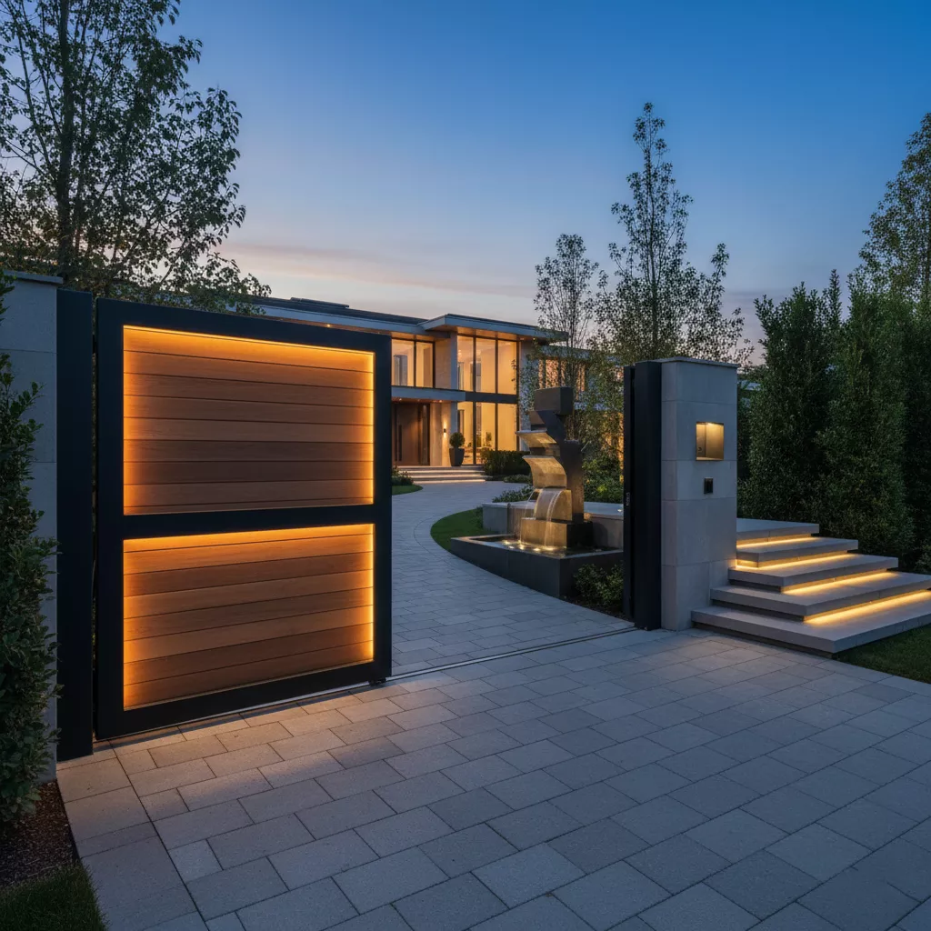 Pintu gerbang rumah mewah modern karya SplusA.id dengan kombinasi material baja dan kayu serta lampu LED yang elegan di malam hari-jasa interior splusa.id Pintu gerbang rumah mewah modern karya SplusA.id dengan kombinasi material baja dan kayu serta lampu LED yang elegan di malam hari-jasa interior splusa.id