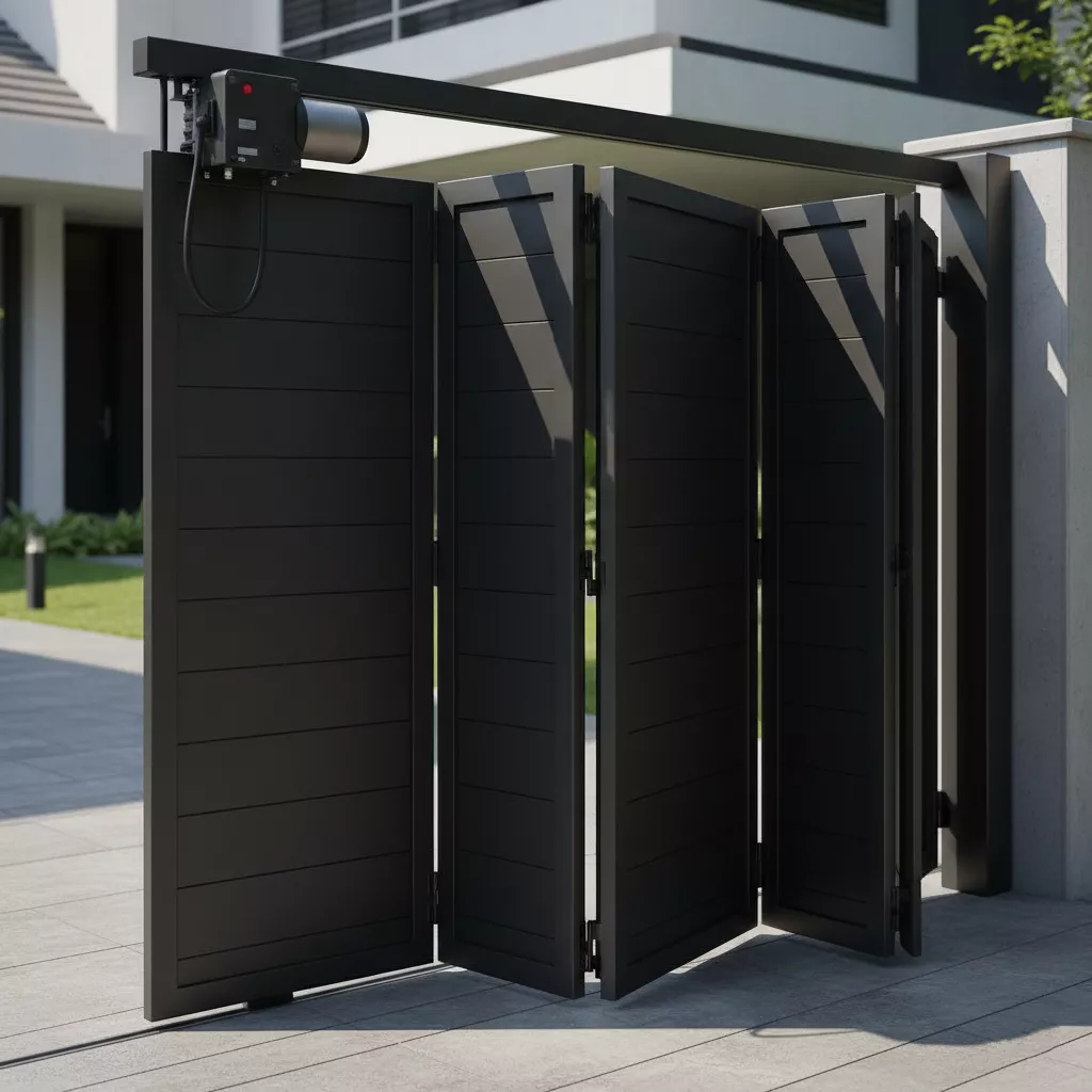 Pintu gerbang rumah mewah otomatis model lipat dari baja ringan finishing hitam doff-jasa interior splusa.id Pintu gerbang rumah mewah otomatis model lipat dari baja ringan finishing hitam doff-jasa interior splusa.id