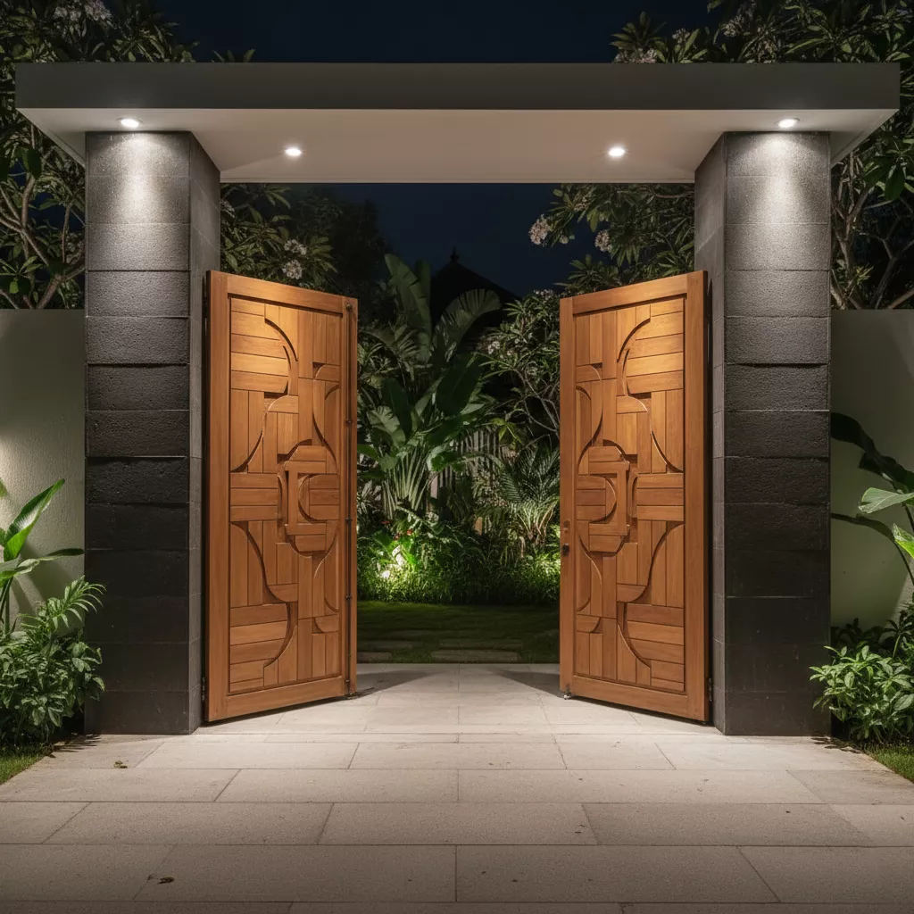 Pintu gerbang rumah minimalis mewah modern dengan sentuhan kayu jati alami dan detail ukiran geometris elegan, diapit oleh tiang beton abu-abu gelap-jasa interior jakarta splusa.i