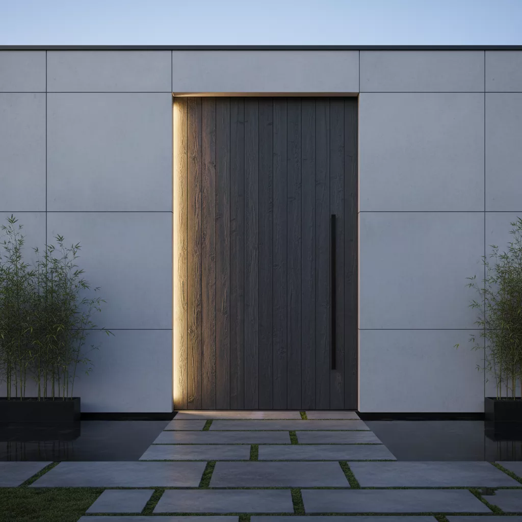 Pintu lisplang minimalis modern warna gelap sebagai focal point fasad rumah-jasa Interior minimalis ‪‪splusa.id