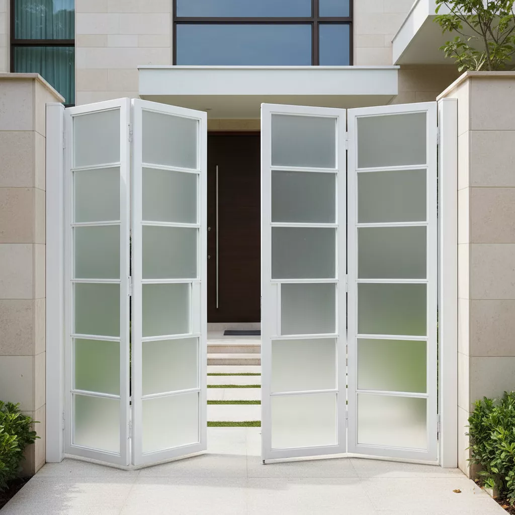 Pintu pagar besi lipat minimalis elegan dengan kombinasi kaca es-konsultan interior splusa.id
