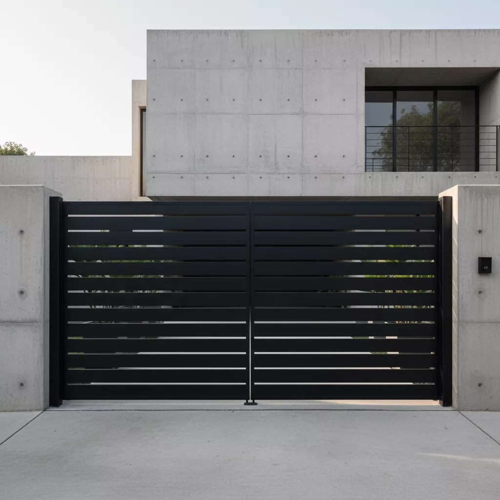 Pintu pagar besi lipat minimalis model horizontal hitam di rumah modern-konsultan interior splusa.id