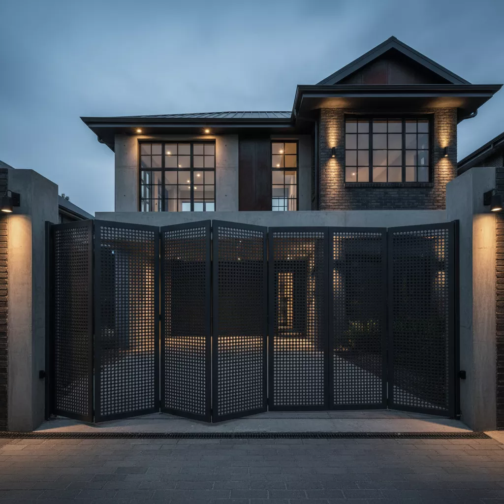 Pintu pagar besi lipat model jaring expanded metal industrial-konsultan interior splusa.id