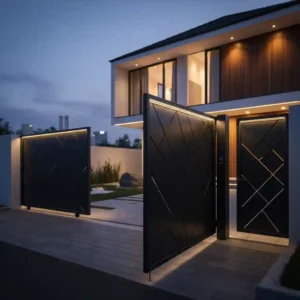 Pintu pagar dorong minimalis modern karya SplusA.id terpasang di rumah mewah, menunjukkan kualitas desain dan keamanan-splusa.id