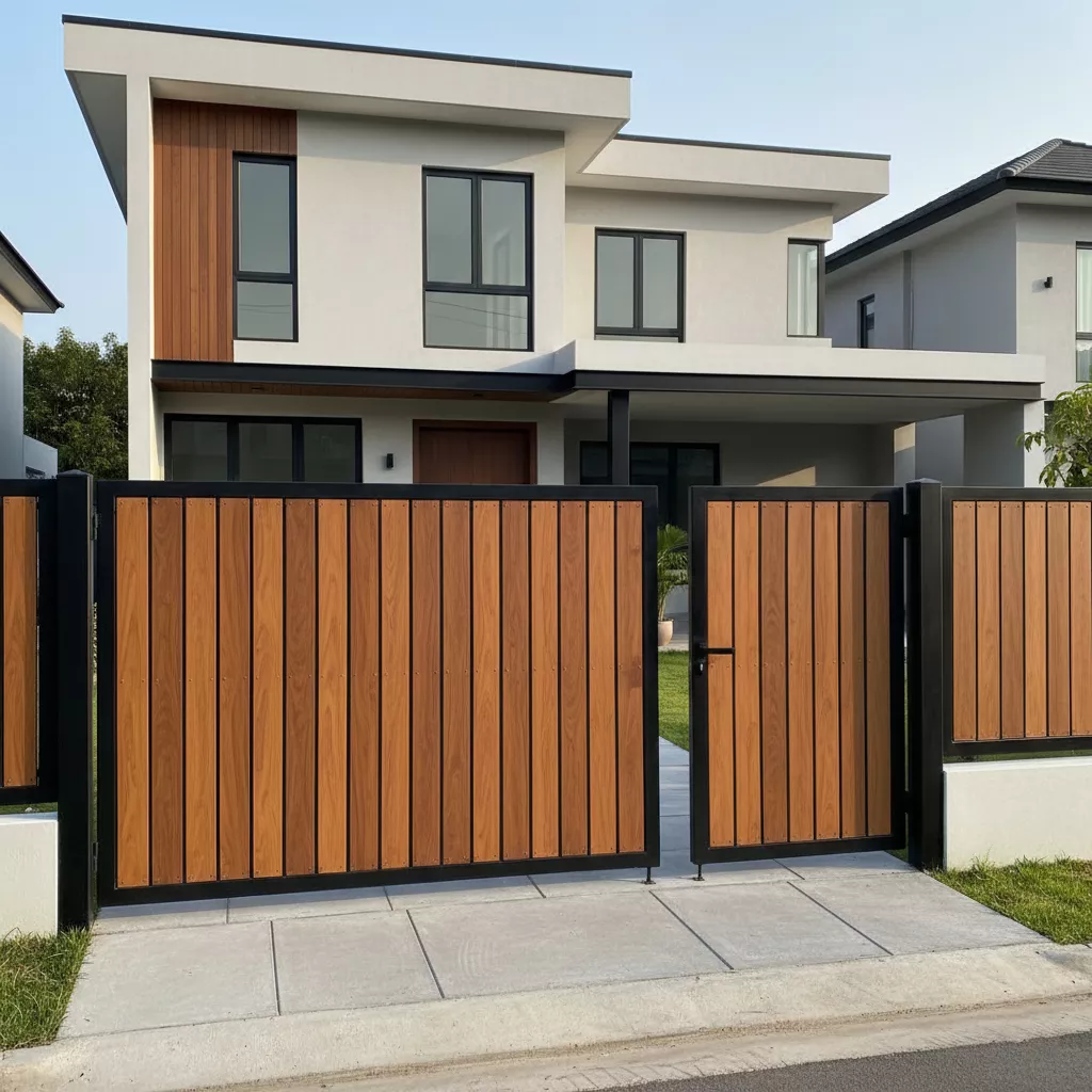 Pintu pagar rumah minimalis modern kombinasi WPC dan besi-konsultan interior splusa.id