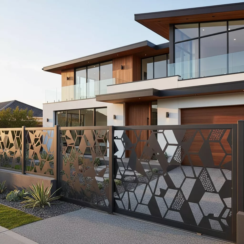 Pola pagar laser cutting heksagonal minimalis yang bagus untuk privasi optimal di rumah modern-kontraktor furniture splusa.id