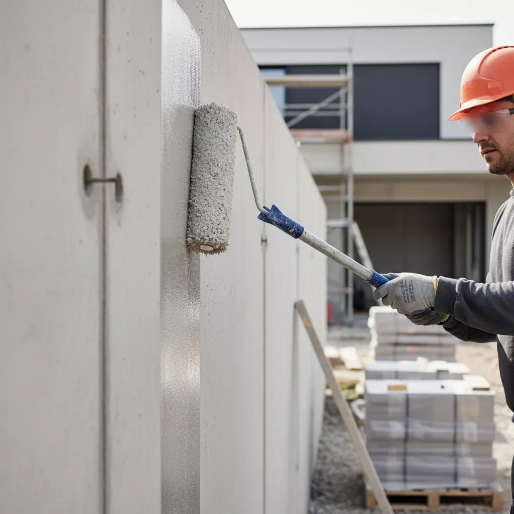 Proses aplikasi coating pelindung pada pagar beton ekspos untuk mencegah lumut-model pagar beton minimalis modern-Kontraktor Interior splusa.id