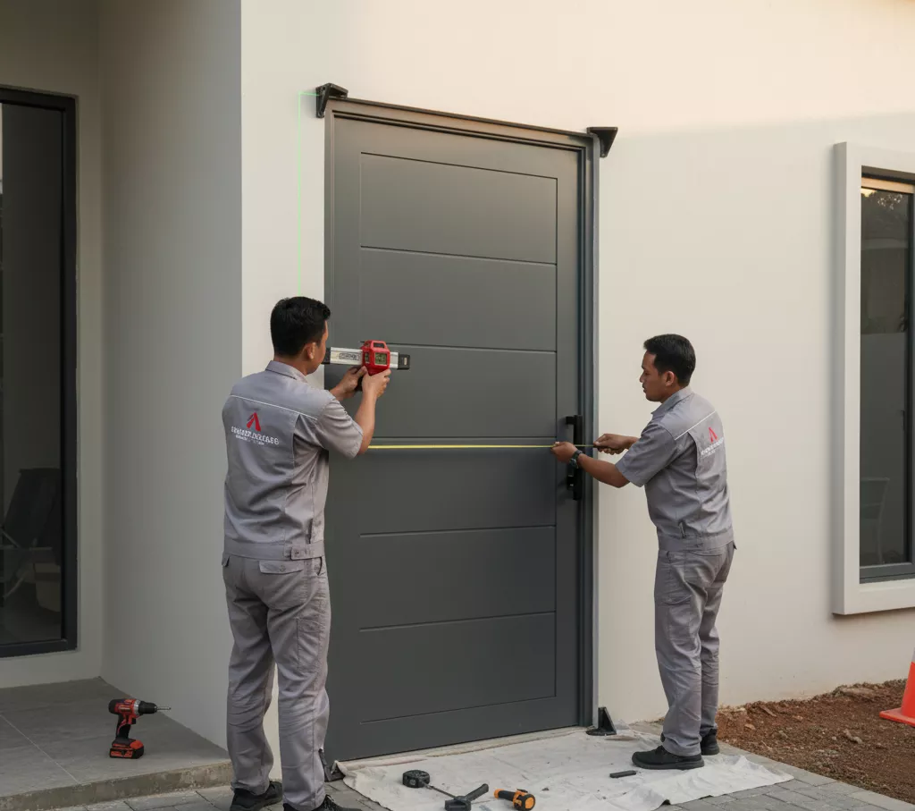 Proses instalasi pintu lisplang minimalis oleh tim profesional-jasa Interior minimalis ‪‪splusa.id